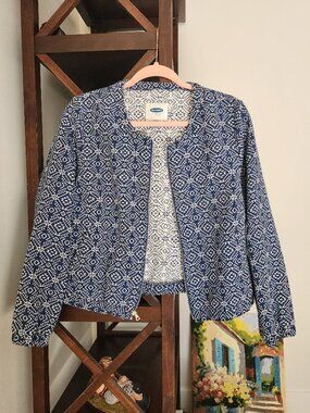 Old Navy Cropped Jacket Blue White Geometric Print Zip Front Size M